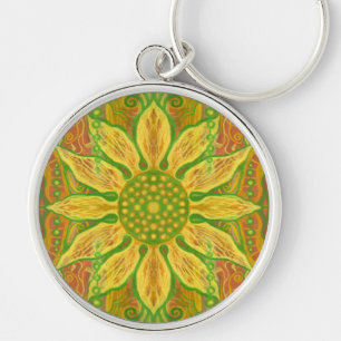 Sun Flower bohemian floral art yellow green orange Key Ring
