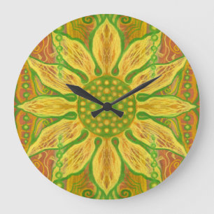 Sun Flower bohemian floral art yellow green orange Large Clock