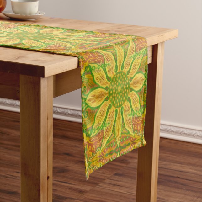 Sun Flower bohemian floral art yellow green orange Short Table Runner (In Situ)