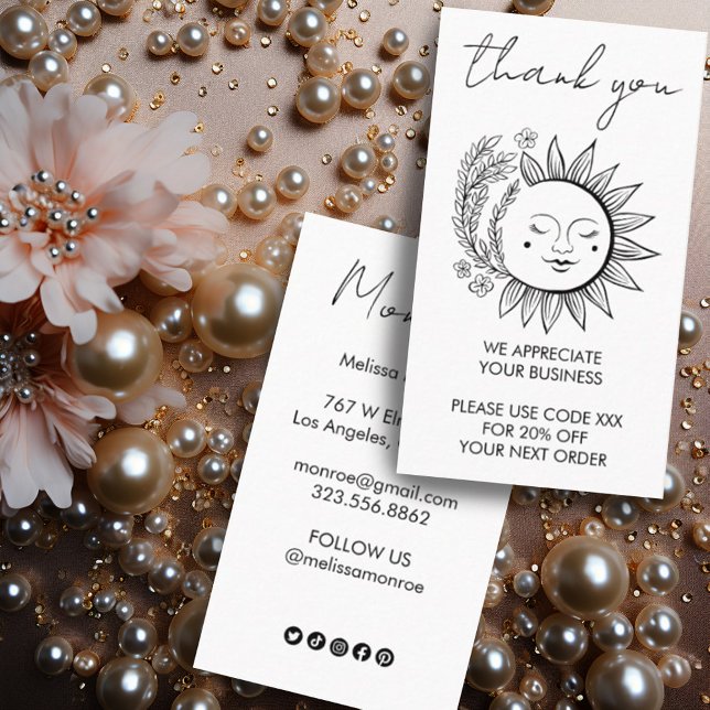 Sun Flower Boho Chic Elegant Social Icons Discount Business Card (Custom feminine sun discount card customer thank you with social media icons)