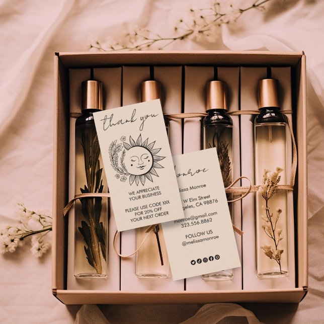 Sun Flower Boho Chic Elegant Social Icons Discount Business Card (Lovely sun and floral design on this custom thank you business card with discount code & social icon)