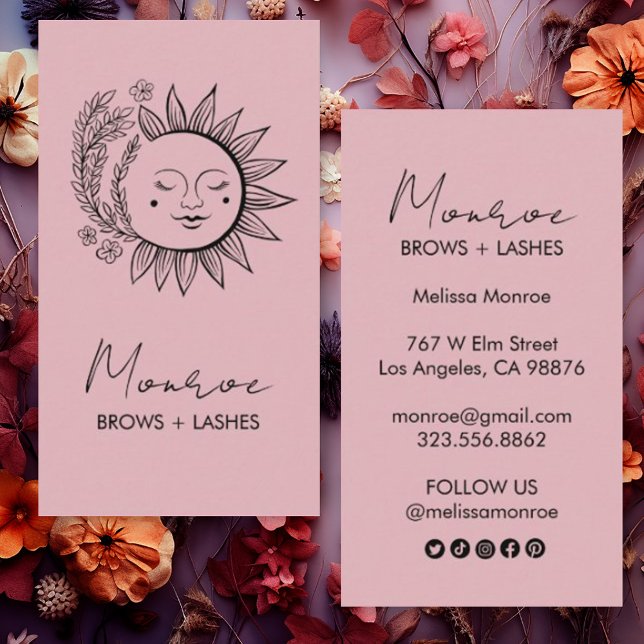 Sun Flower Boho Line Art Elegant Chic Social Icon  Business Card (Custom business cards with social media icons and art of sun and flowers)