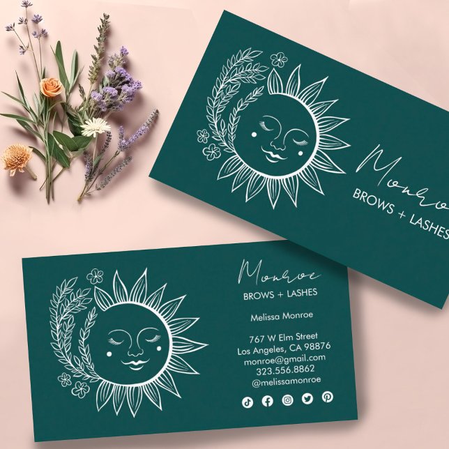 Sun Flower Boho Line Art Elegant Green Social Icon Business Card (Pretty herbal sun with social media icons. Customize everything to make it shine!)