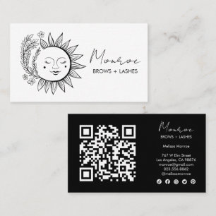 Sun & Flower Boho Line Art Elegant QR Social Icons Business Card