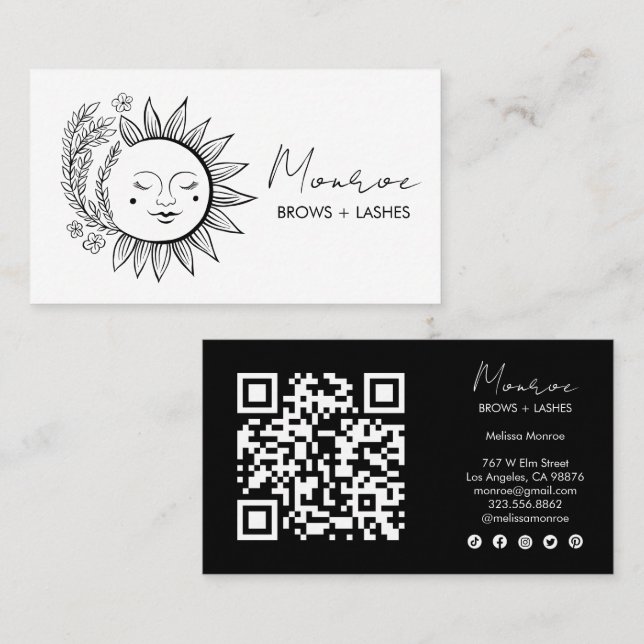 Sun & Flower Boho Line Art Elegant QR Social Icons Business Card (Front/Back)