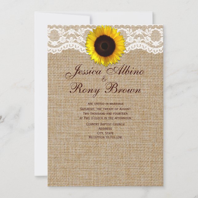 Sun Flower Natural Burlap Lace Wedding Invitation (Front)