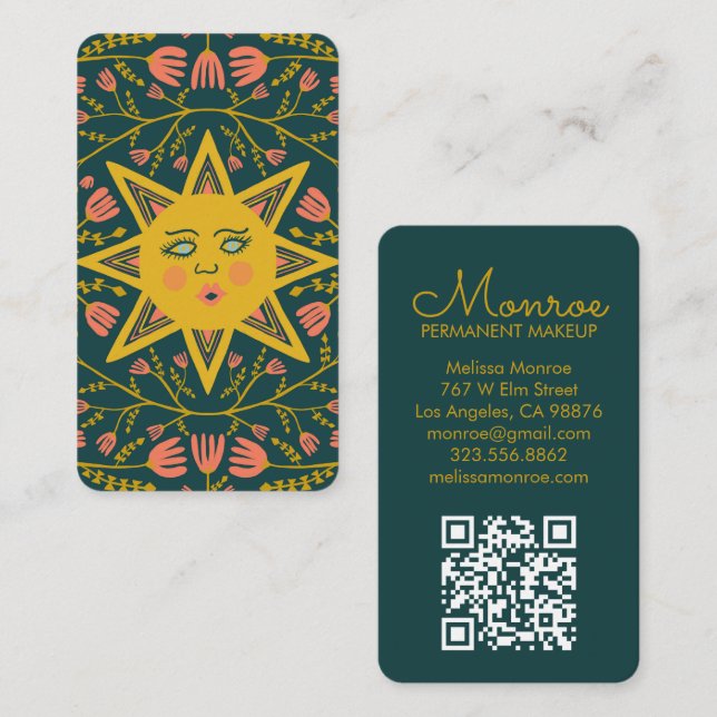 Sun & Flowering Vines Elegant Boho QR Code Business Card (Front/Back)