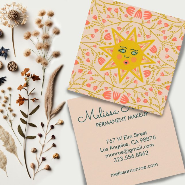Sun & Flowering Vines Elegant Boho Sandy Square Business Card (Colorful sun and flowering vines illustration custom business cards)