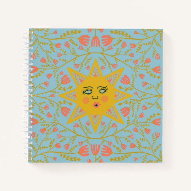 Sun & Flowering Vines Pattern Blue Notebook (Front)