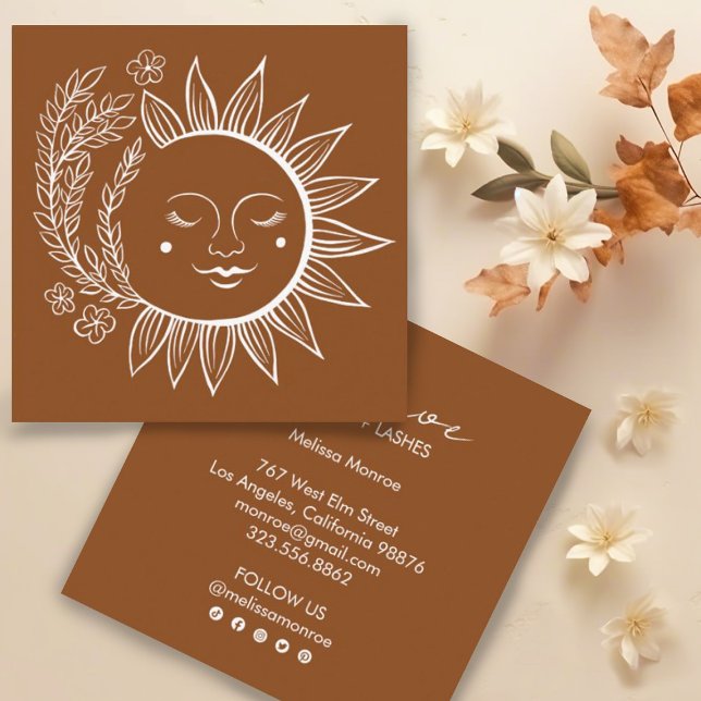 Sun Flowers Boho Line Art Earthy Social Media Square Business Card (Pretty boho herbs and floral sun line art. Edit the text and social icons to suit your needs & shine)