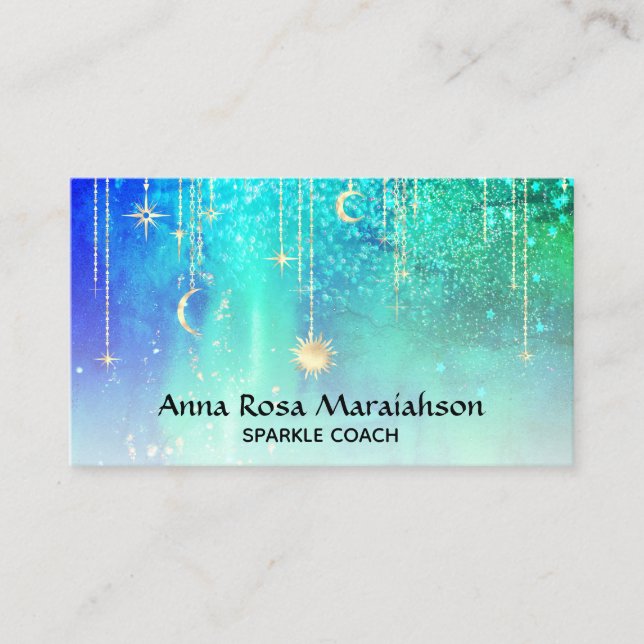*~* Sun Gold Stars Sparkle Moon Celestial Blue Business Card (Front)