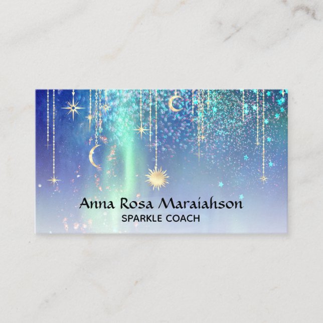 *~* Sun Gold Stars Sparkle Moon Celestial Rainbow Business Card (Front)