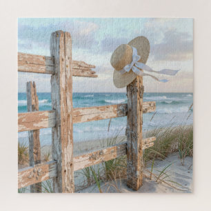 Sun Hat On Rustic Beach Fence Post Jigsaw Puzzle