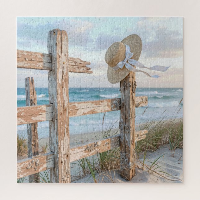Sun Hat On Rustic Beach Fence Post Jigsaw Puzzle (Vertical)