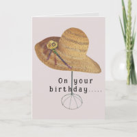 Sun Hat rhinestones & straw bouquet birthday card