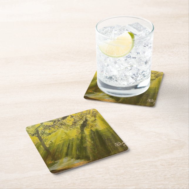 Sun in the Woods, by Gary Poling Square Paper Coaster (Insitu)