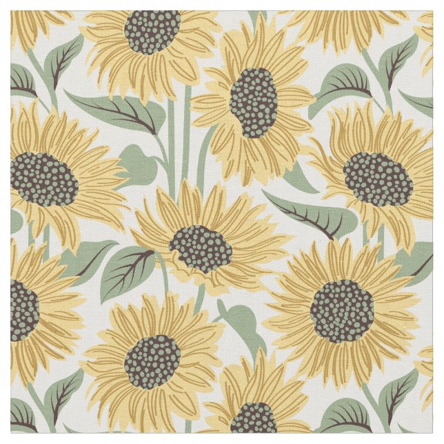 Sun-kissed sunflowers // yellow flower sage leaves fabric (Close Up)