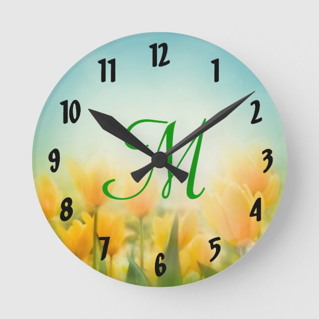 Sun Kissed Tulips Monogram Initial Wall Clock (Front)