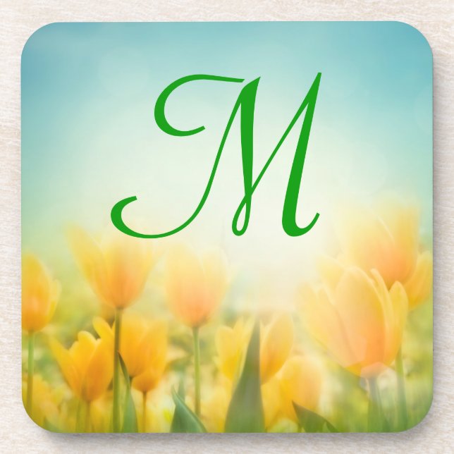 Sun Kissed Yellow Tulips Monogram Drink Coaster (Front)