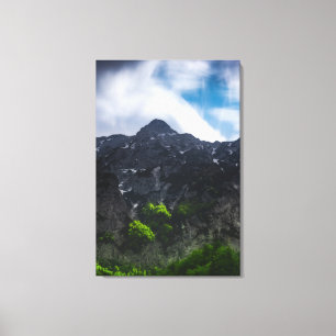 Sun lit green forest beneath the mountains canvas print