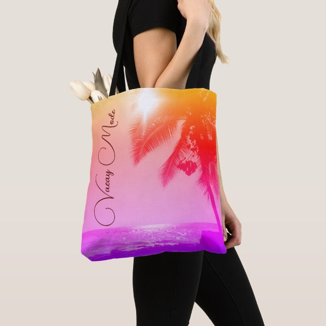 Sun lit Palm Tree Ocean Rainbow Pastel Vacay Mode  Tote Bag (Close Up)