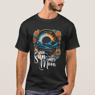 Sun Meets Moon, Orange Floral Eclipse Illustration T-Shirt