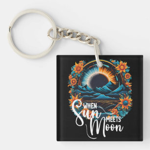 Sun Meets Moon, Orange Floral Eclipse Landscape Key Ring