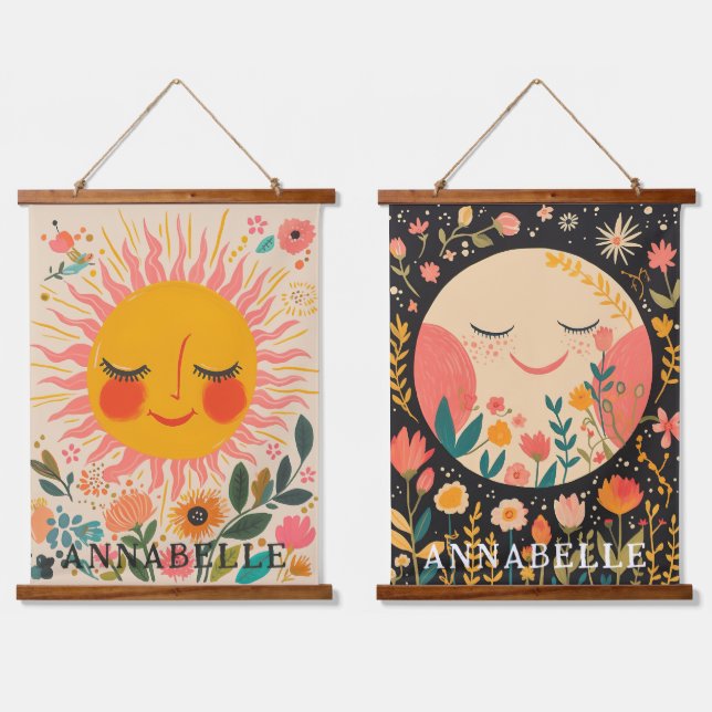 Sun & Moon Boho Floral Illustration First Name Hanging Tapestry (Double)