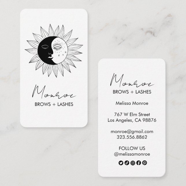 Sun & Moon Boho Line Art Elegant B&W Social Icon Business Card (Front/Back)
