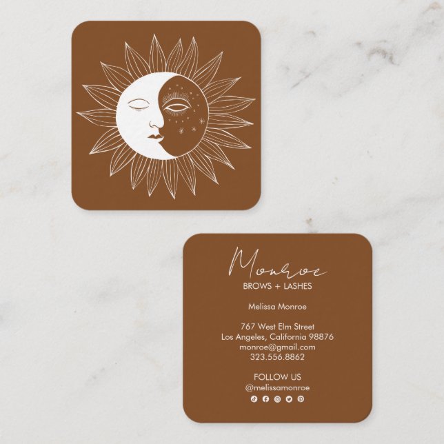 Sun & Moon Boho Line Art Elegant Earthy Social Square Business Card (Front/Back)