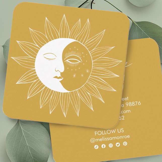 Sun & Moon Boho Line Art Elegant Gold Social Icons Square Business Card (Sun & Moon Boho Line Art Elegant Gold Social Icons Square Business Card
)