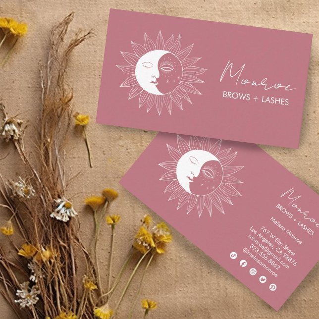 Sun & Moon Boho Line Art Elegant Mauve Social Icon Business Card (Boho moons and suns on mauve pink. Customize these business cards and edit the social icons too!)