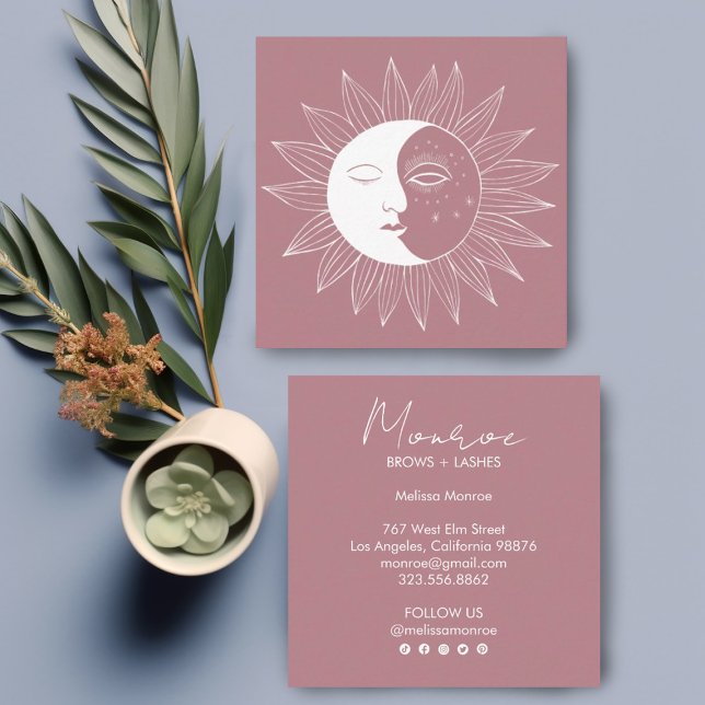 Sun & Moon Boho Line Art Elegant Social Media Icon Square Business Card (Customize these sweet sun moon square business cards with your own text & edit social media icons)