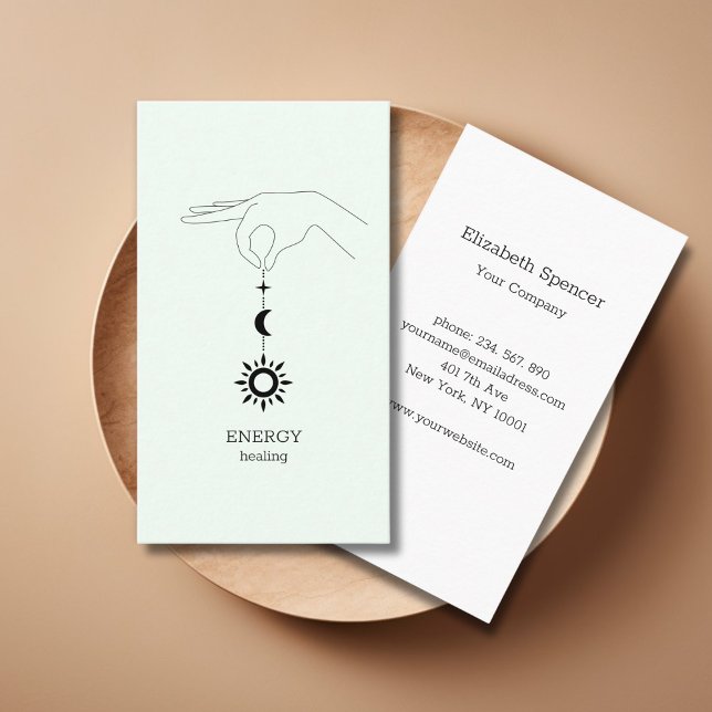 Sun Moon  Business card (Green Sun Moon Illustration Business Card. Modern Whimsical. Perfect for Energy Healer & more.)