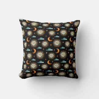 Sun- Moon- Cloud pattern - Mayan style - black Cushion