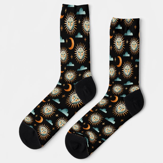 Sun- Moon- Cloud pattern - Mayan style - black Socks (Left)