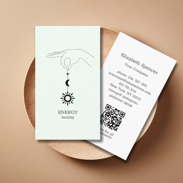 Sun Moon Green QR-Code Business Card (Green Hand Sun Moon Illustration QR Code Business Card. Modern Whimsical. )