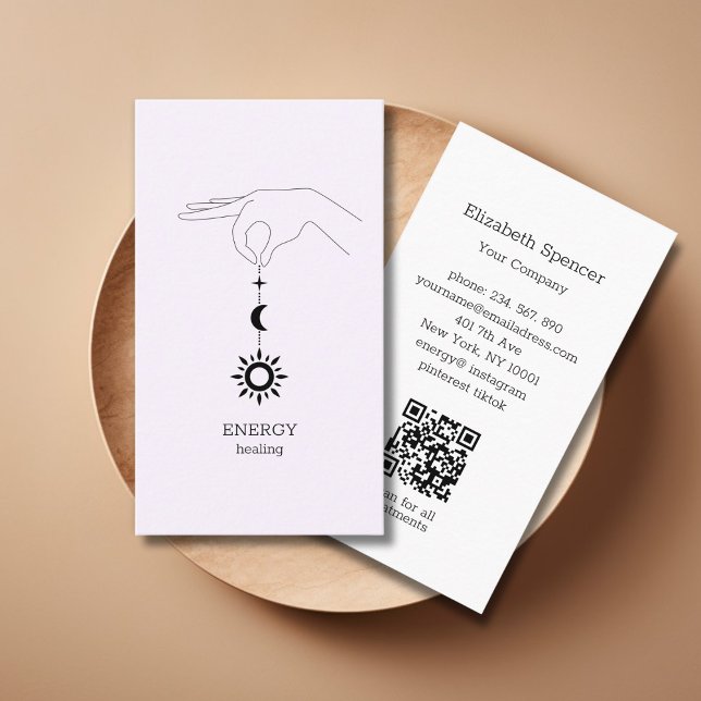 Sun Moon Light Purple QR-Code Business Card (Light Purple Hand Sun Moon Illustration QR Code Business Card. Modern Whimsical. )