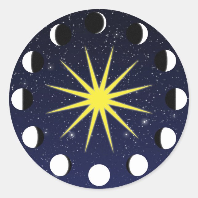 Sun, Moon Phases & Stars Classic Round Sticker (Front)