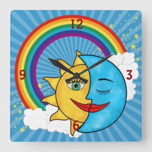 Sun Moon Rainbow Stars Square Wall Clock