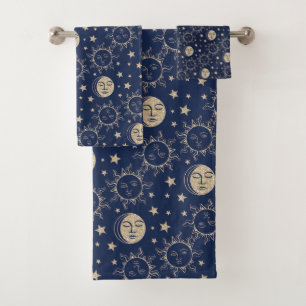 Sun & Moon Retro Magic Navy Blue Vintage Celestial Bath Towel Set