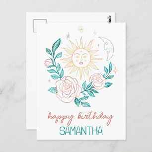 Sun Moon & Roses Boho Magical CUSTOM NAME BIRTHDAY Postcard