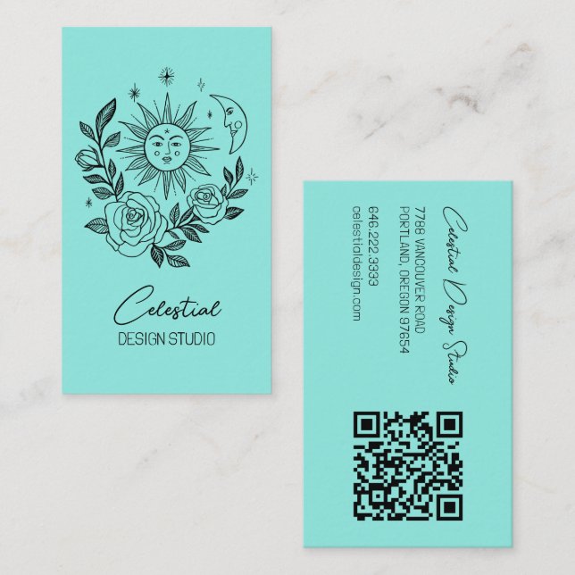 Sun Moon & Roses Magical Boho Botanical CUSTOM QR  Business Card (Front/Back)