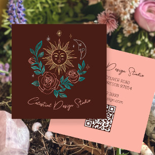 Sun Moon & Roses Magical Boho Colourful CUSTOM QR Square Business Card