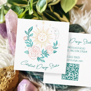 Sun Moon & Roses Magical Boho Colourful CUSTOM QR  Square Business Card