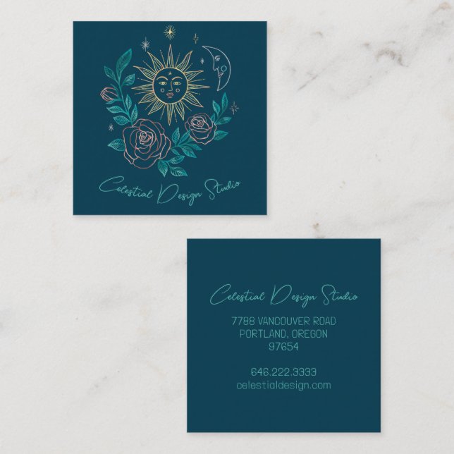 Sun Moon & Roses Magical Boho Colourful CUSTOM  Square Business Card (Front/Back)