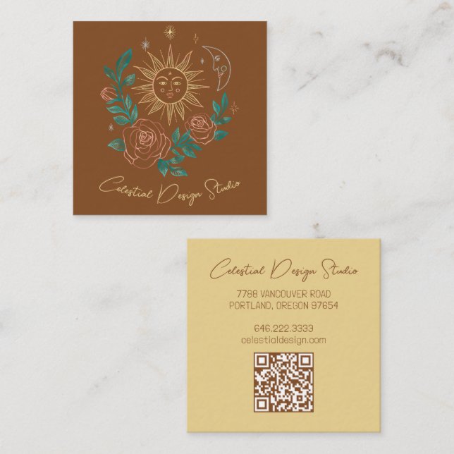 Sun Moon & Roses Magical Boho Earthy CUSTOM QR  Square Business Card (Front/Back)