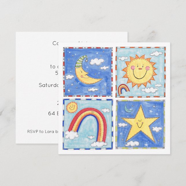 Sun, Moon, Star and Rainbow Birthday Invitation (Front/Back)