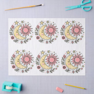 Sun Moon Stars Floral Pink Yellow Decoupage Tissue Paper