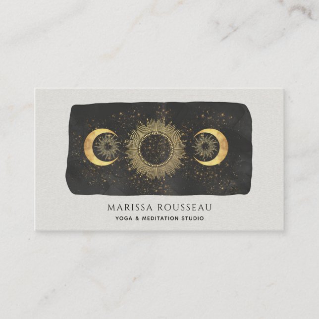 Sun Moon Stars Gold Black Yoga Studio Business Car Card (Front)